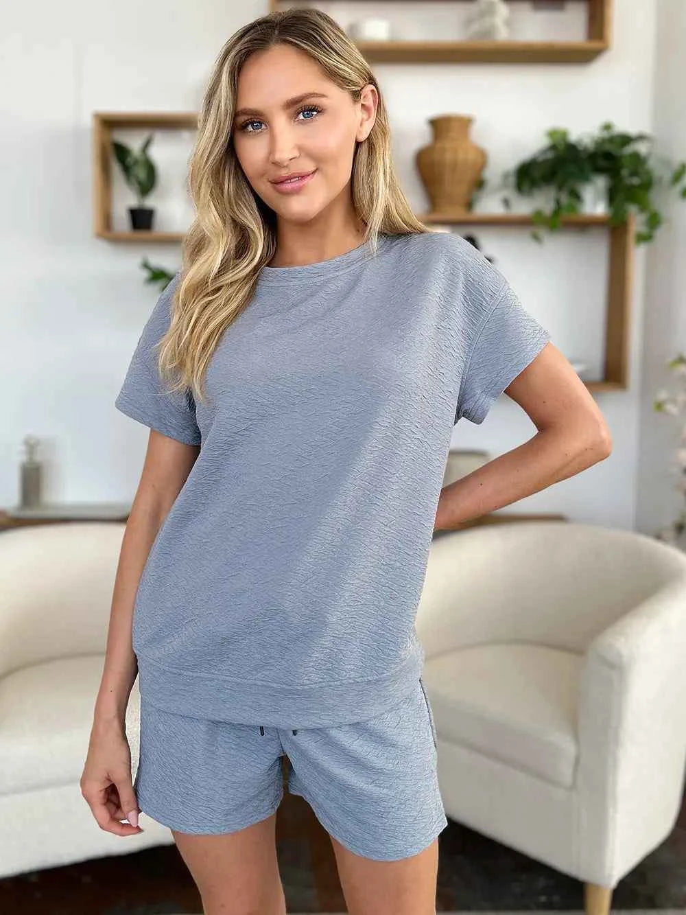 Double Take Full Size Texture Short Sleeve T-Shirt and Drawstring Shorts Set 3c51d5a7-08d8-442d-b18f-c33c3241c8e9-Max