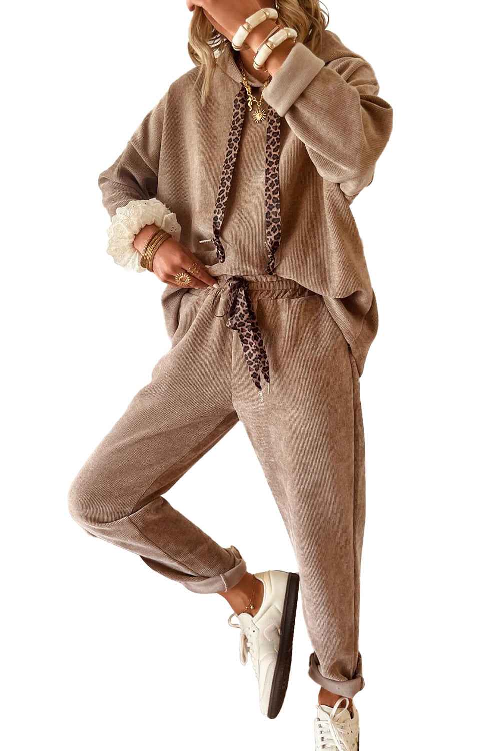 Jet Stream Drawstring Pullover Hoodie and High Waist Pants Corduroy Suit 3c53d72c319af2d0