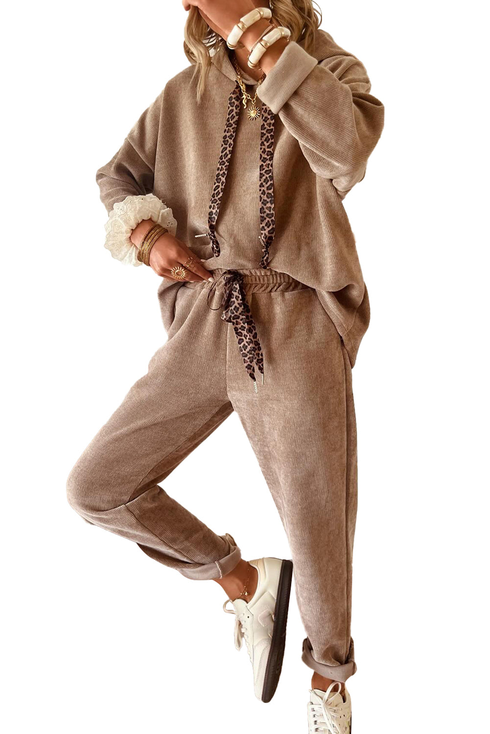 Jet Stream Drawstring Pullover Hoodie and High Waist Pants Corduroy Suit