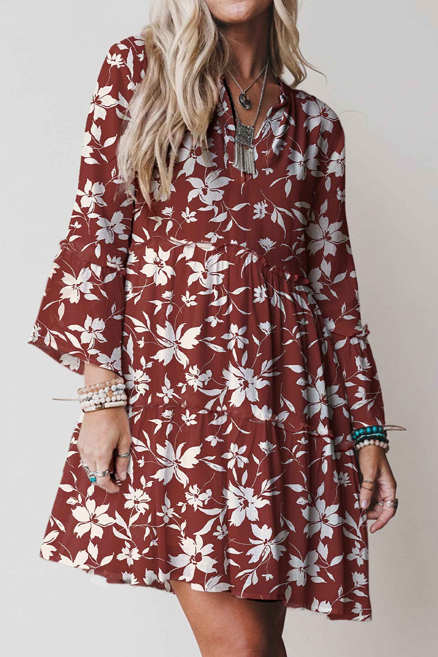 Sky Blue Boho Floral Print Lettuce Trim 3/4 Sleeve Mini Dress Red 100%Viscose 3c582e0783eacadf