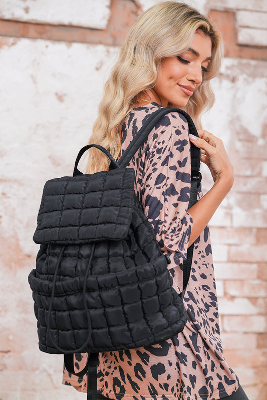 Black Solid Flapped Quilted Puffer Backpack 3c5c46baf7e1e687