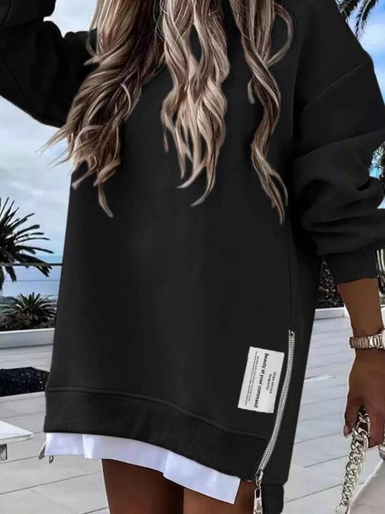 Side Slit Round Neck Long Sleeve Sweatshirt