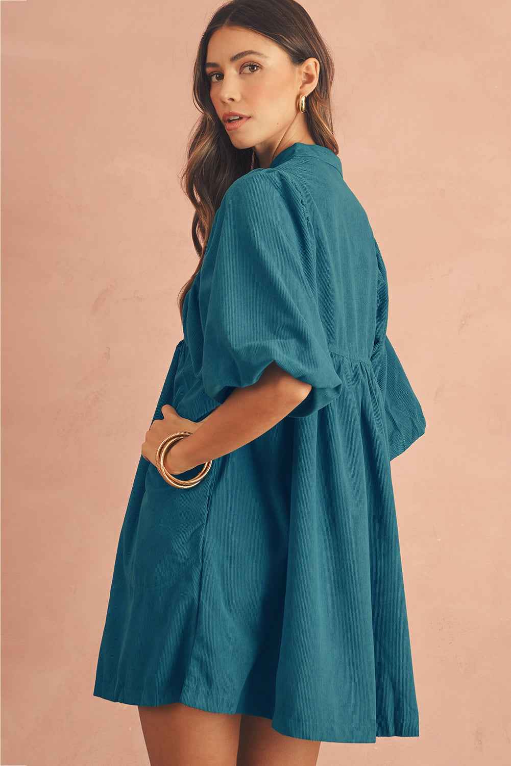 Gold Flame Light Snap Button Empire Waist Lantern Sleeve Corduroy Dress 3c61431be95a97dd
