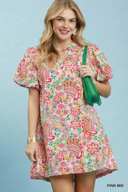 Paisley Floral Puff Sleeve Shift Dress PINK MIX 3c634af0-0515-4954-9176-7b1a617fdf31-Max-Origin
