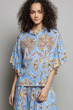 Floral Printed Woven Ruffle Sleeve Shirt BLUE MULTI 3c666f2e-c57a-41cf-a6d8-54099a8b1a6d-Max-Origin