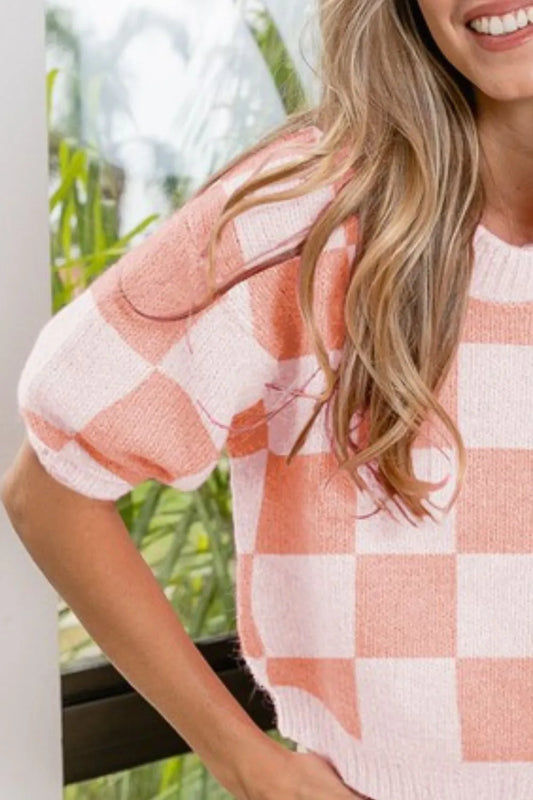 BiBi Check Pattern Short Puff Sleeve Sweater Top 3c6a8a86-1e0a-4f87-bad2-6142ec6b3aa8-Max-Origin