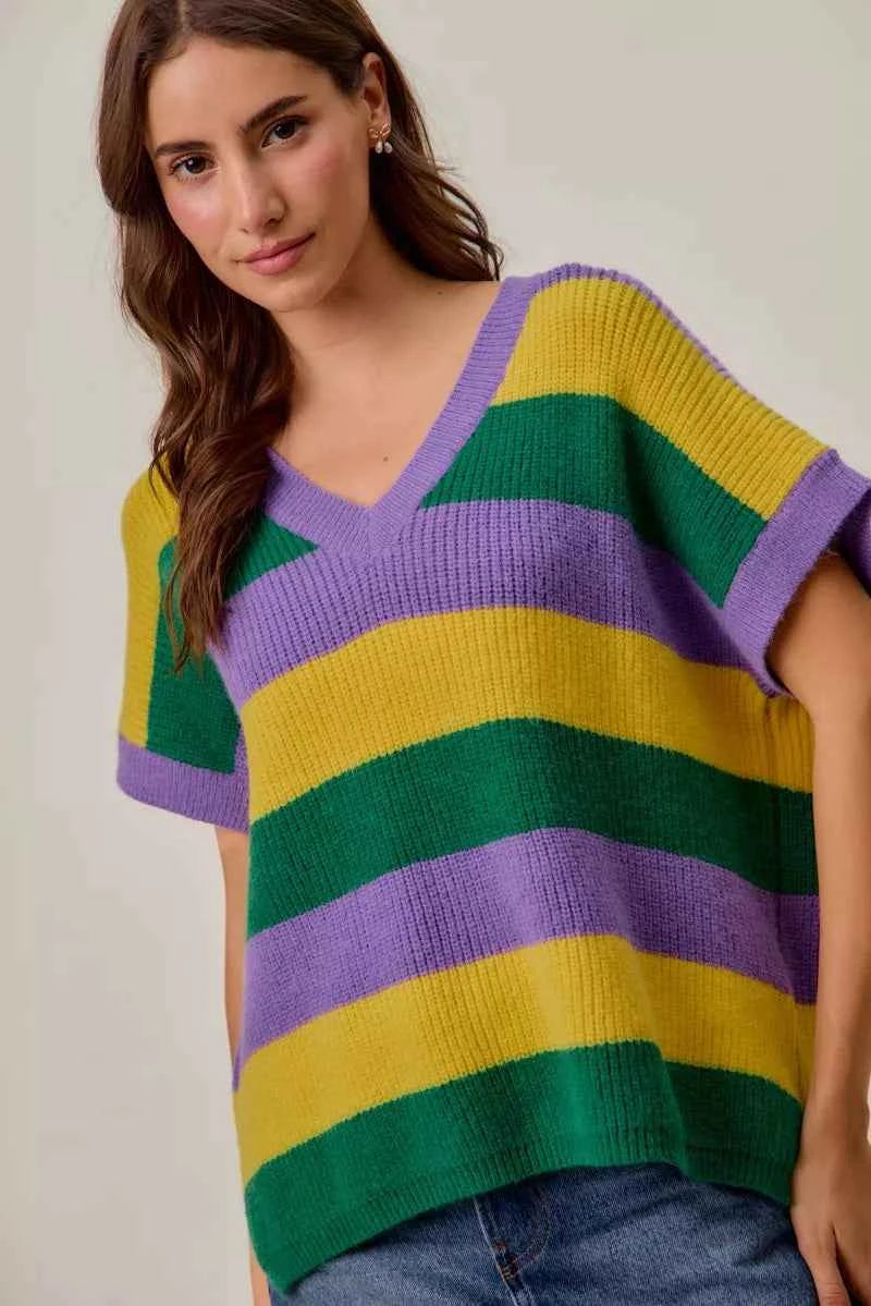 SO ME Mardi Gras Loose Fit V Neck Stripe Sweater Top 3c6b4427208d4850923130692893e9b4-Max-Origin