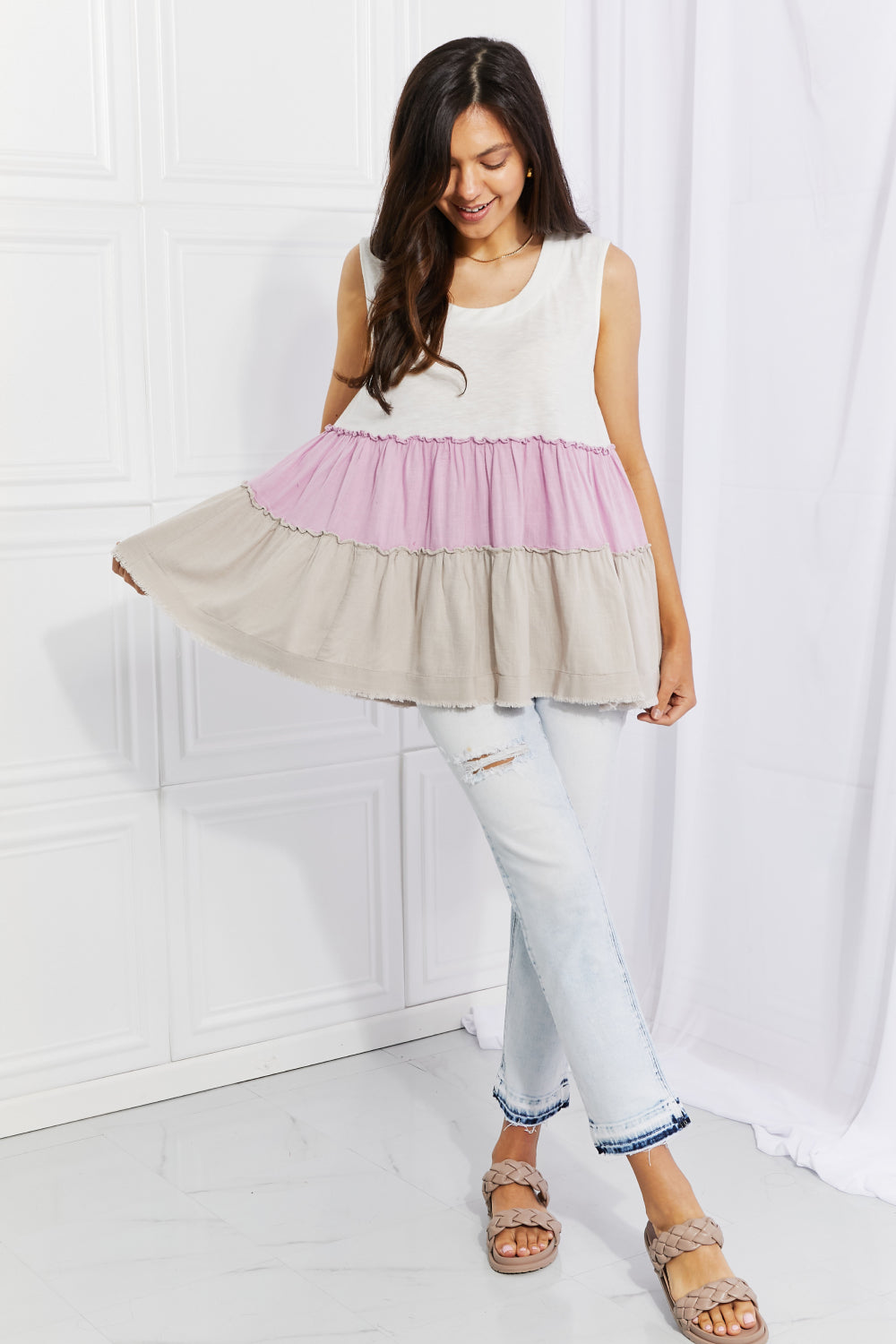 White Birch Full Size Watching the Sunset Color Block Babydoll Top 3c6f19f0e8a146c4b9c1e92399c3d2ec-Max