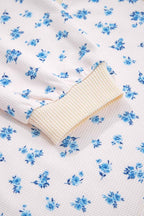 Beige Floral Print Waffle Patchwork Balloon Sleeve V Neck Oversized Top 3c6f2843220c7ab4