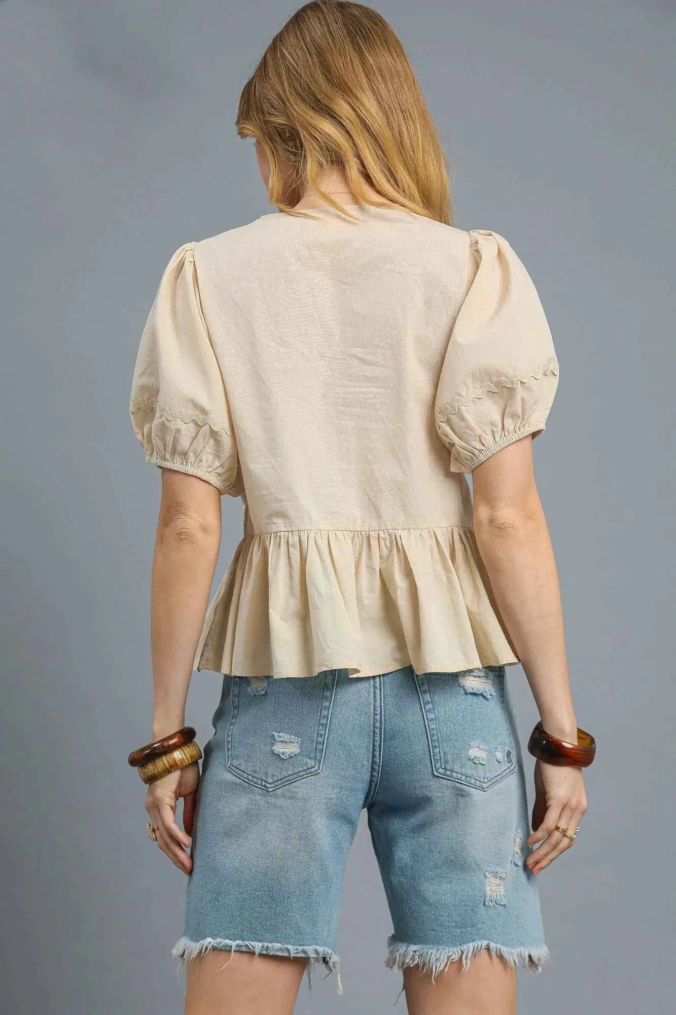 Umgee Tie Front Puff Sleeve Blouse 3c710343-67c3-4393-bd39-2f53f783645d-Max-Origin