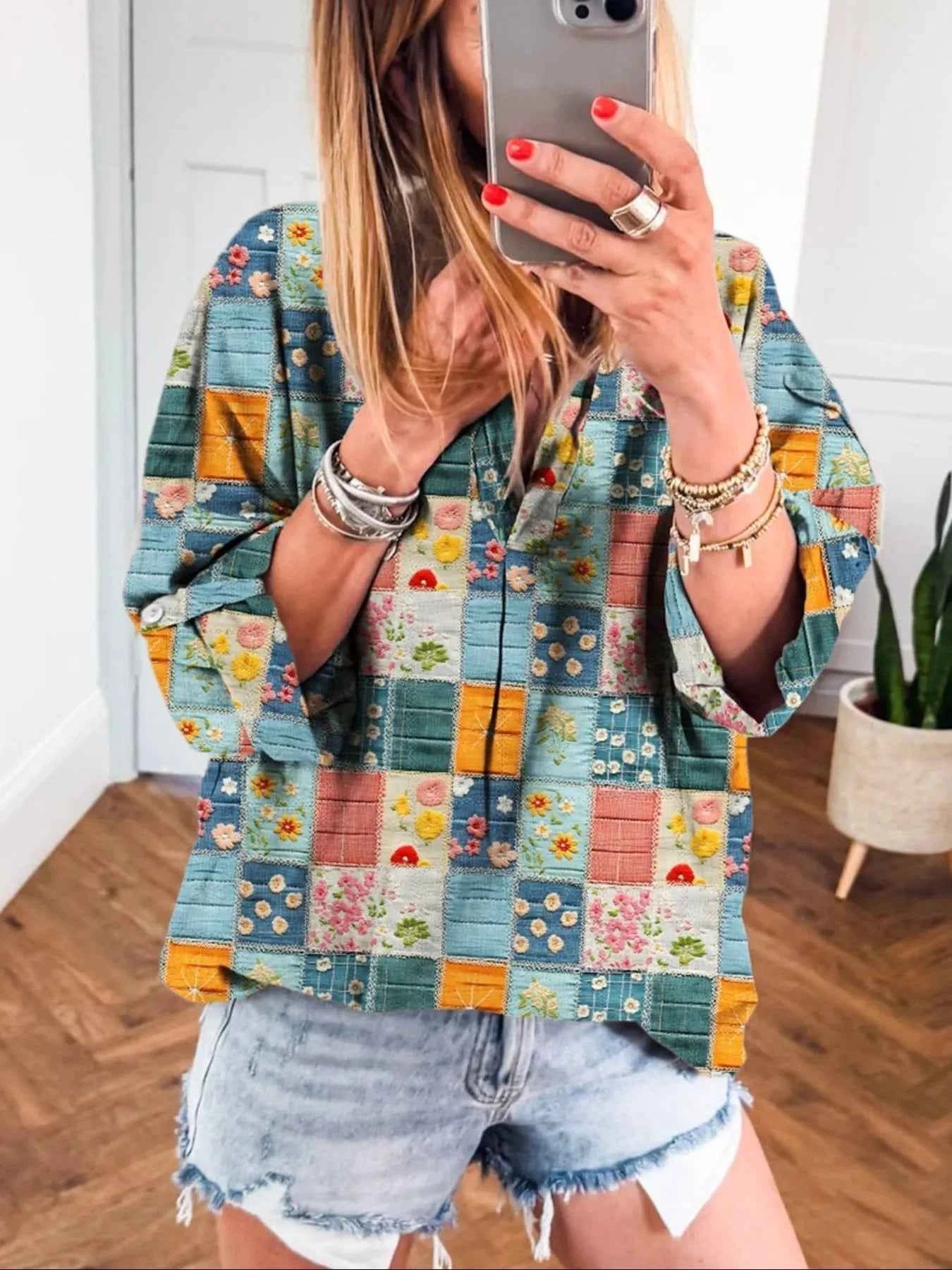 Patchwork Print Notched Long Sleeve Blouse Floral 3c72323f-d8a7-4fa8-9ebe-272c144afe18-Max-Origin
