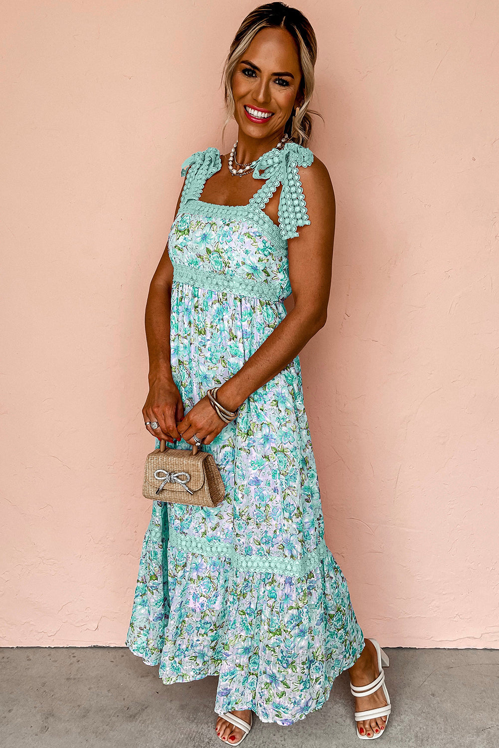 Green Floral Lace Tied Strap Empire Waist Maxi Dress 3c76c1ddda5276d7