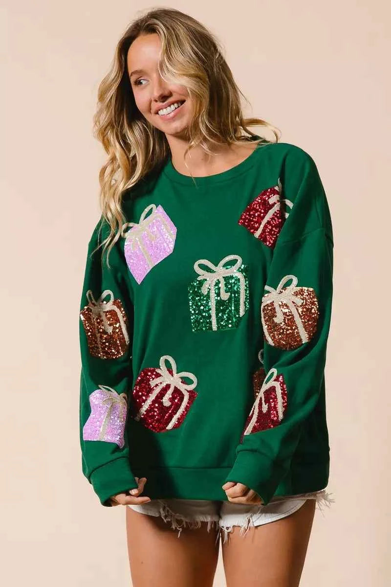 BiBi Sequin Christmas Gift Box Embroideries Pullover GREEN 3c7d62b41e7a46909cd15144f9e35e8c-Max-Origin