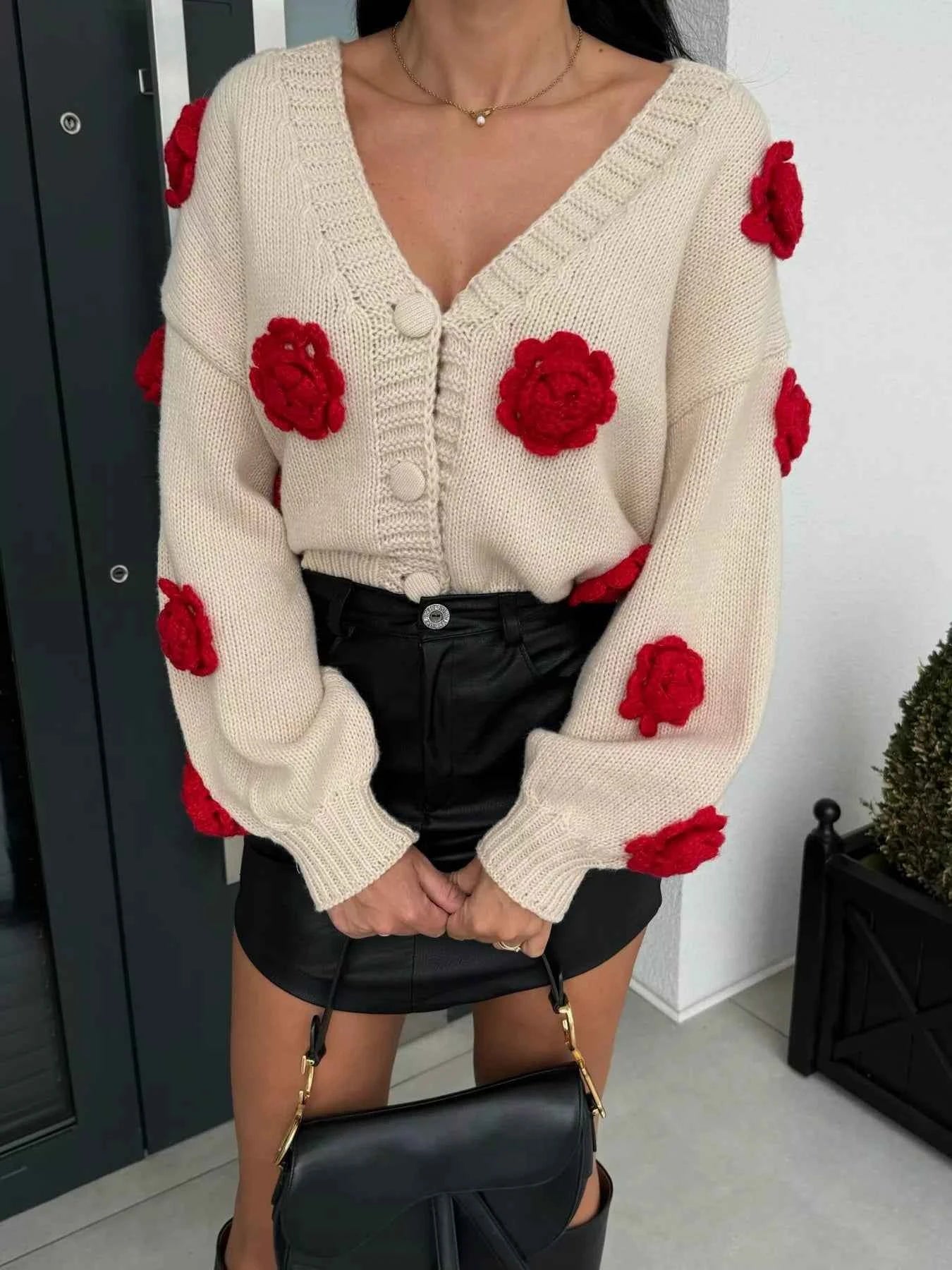 Rose Embellished V-Neck Cardigan 3c7dee8a-9122-49df-8798-1648b4994f53-Max-Origin