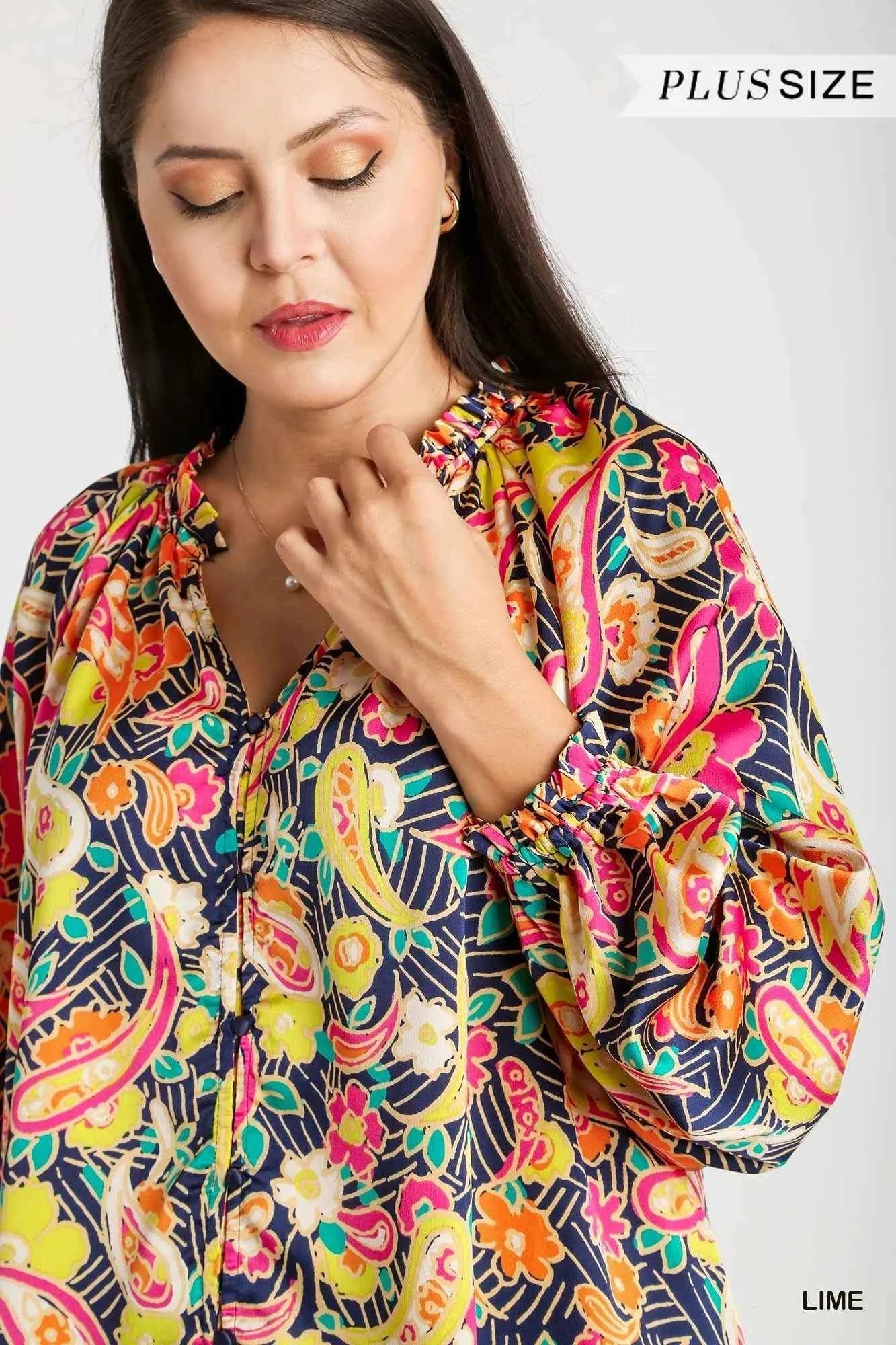 Umgee Full Size Satin Paisley Ruffle Neck Button-Up Shirt Plus Size 3c845a28-1bc8-4952-ad1f-46e285836894-Max-Origin