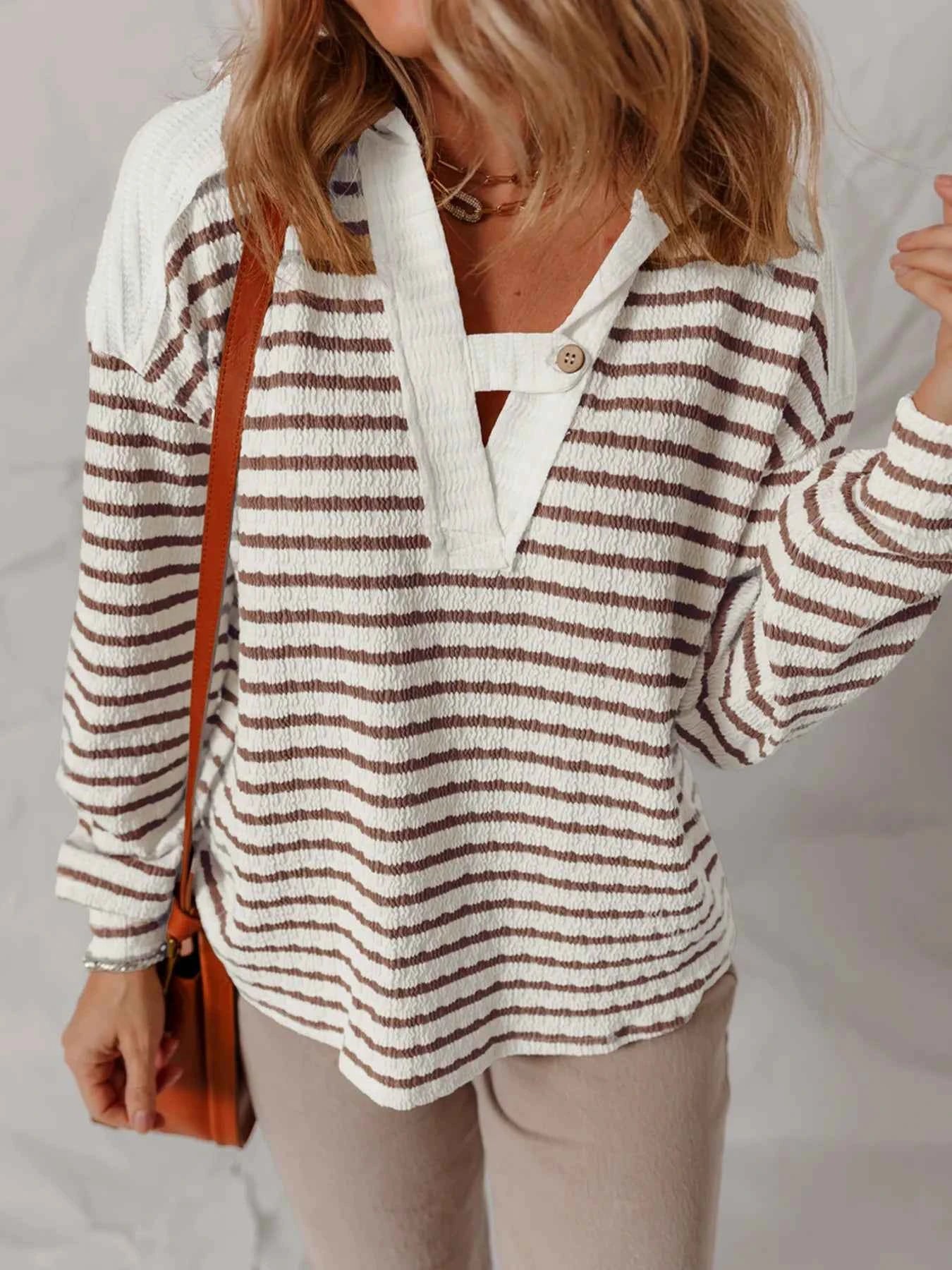 Striped V-Neck Long Sleeve Knit Hoodie Khaki Stripe 3c8605005c544abb9f4e7de731c182e7-Max-Origin