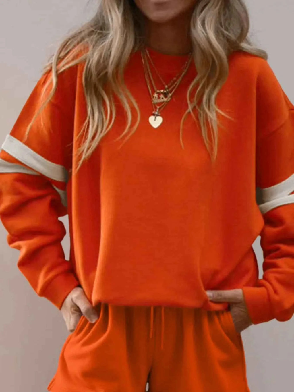 Stripe Round Neck Sweatshirt and Shorts Set Orange 3c86cd92-0ea6-4a81-88b6-aa49d8bbdbe2-Max-Origin