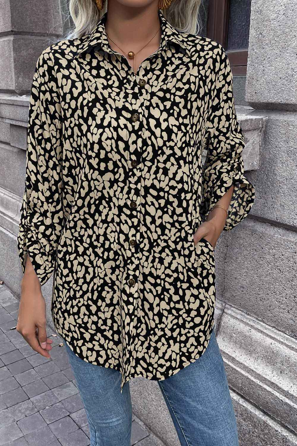 Ivy Lane Leopard Roll-Tap Sleeve Shirt 3c8ae46fc99a419eb9bbf10789223671-Max
