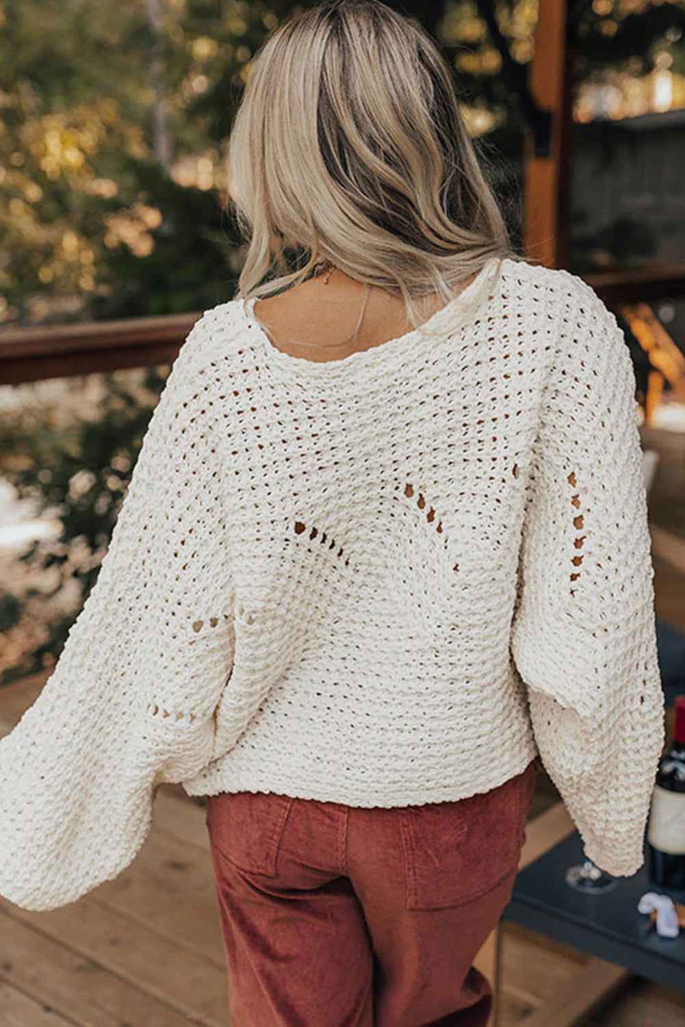 Camel Hollowed Detail Wide Sleeve Loose Pullover Sweater 3c8f74567803a9fd