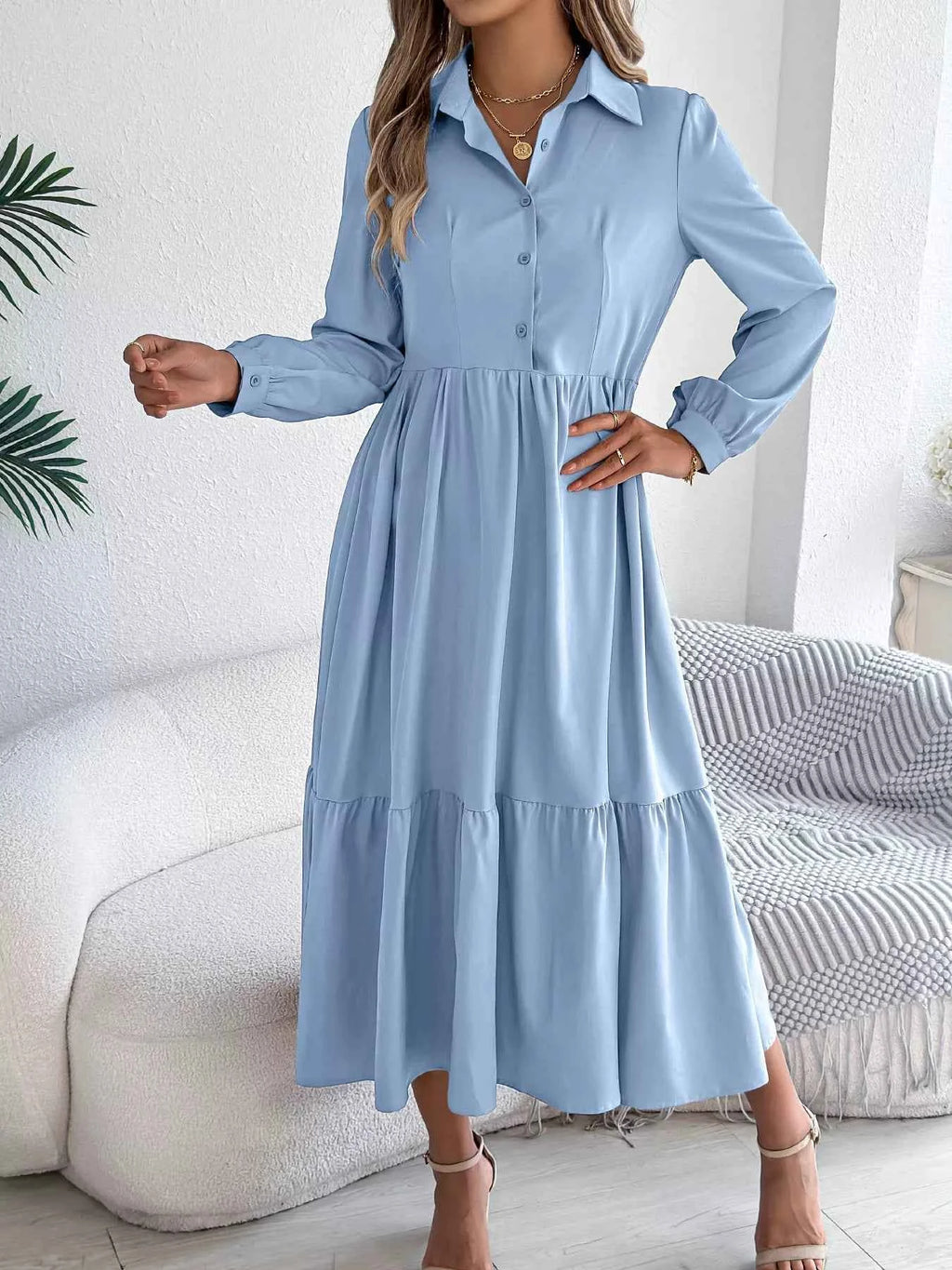 Long Sleeve Tiered Button Front Midi Dress 3c950f3e0b614d29903f812f30f37429-Max-Origin