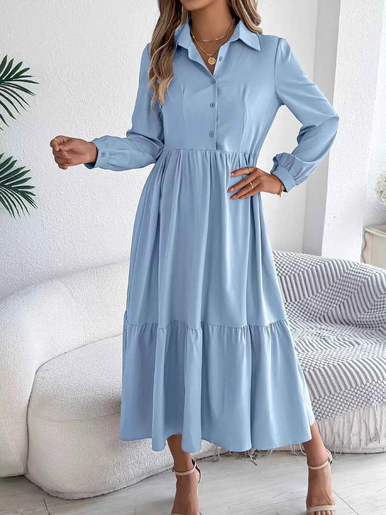 Long Sleeve Tiered Button Front Midi Dress 3c950f3e0b614d29903f812f30f37429-Max-Origin