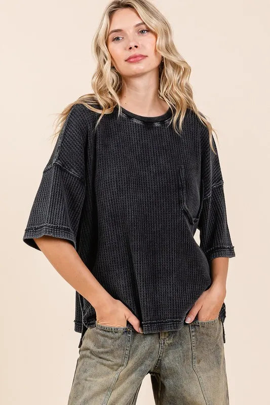 Mittoshop Mineral Wash Waffle Knit Short Sleeve Top Ash Black 3c953972-6932-470c-ba28-02d4d8cdeecc-Max