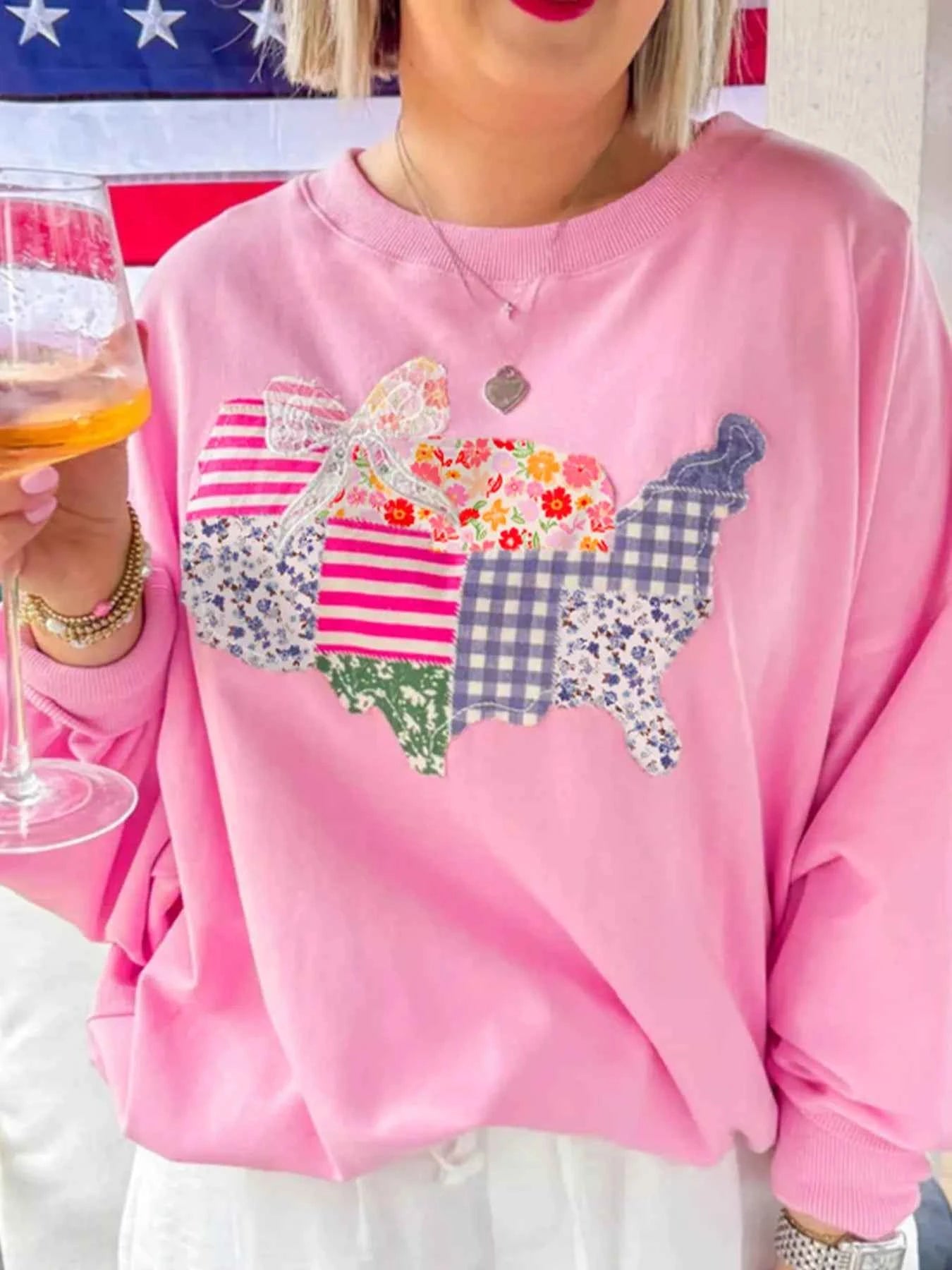 USA Map Patched Long Sleeve Sweatshirt Pink 3c9b5f9373bd41a8bf9897f60dd8ad1e-Max-Origin