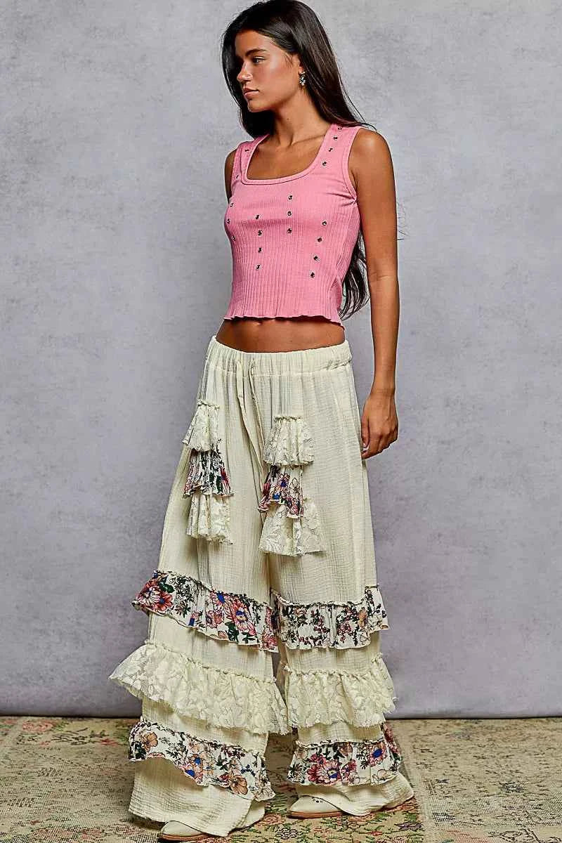POL Drawstring Double Gauze Wide Leg Pants with Print and Lace Ruffle 3ca08173-c728-411d-b6ec-399c6ce2cd7c-Max-Origin