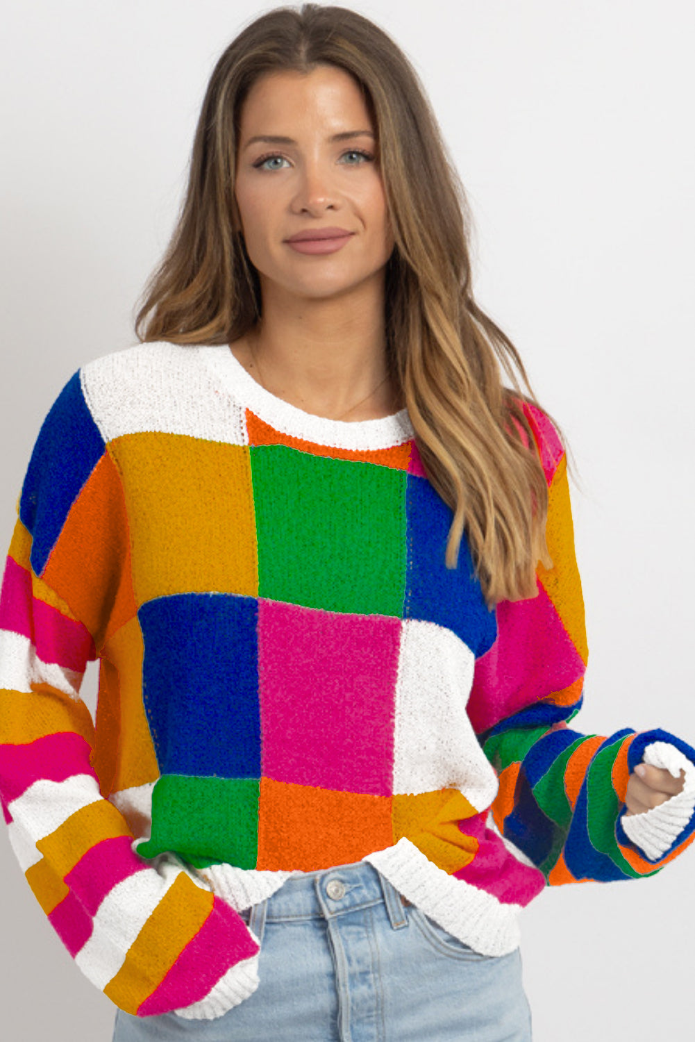 Orange Checkered Color Block Round Neck Loose Sweater 3ca30934829daddb