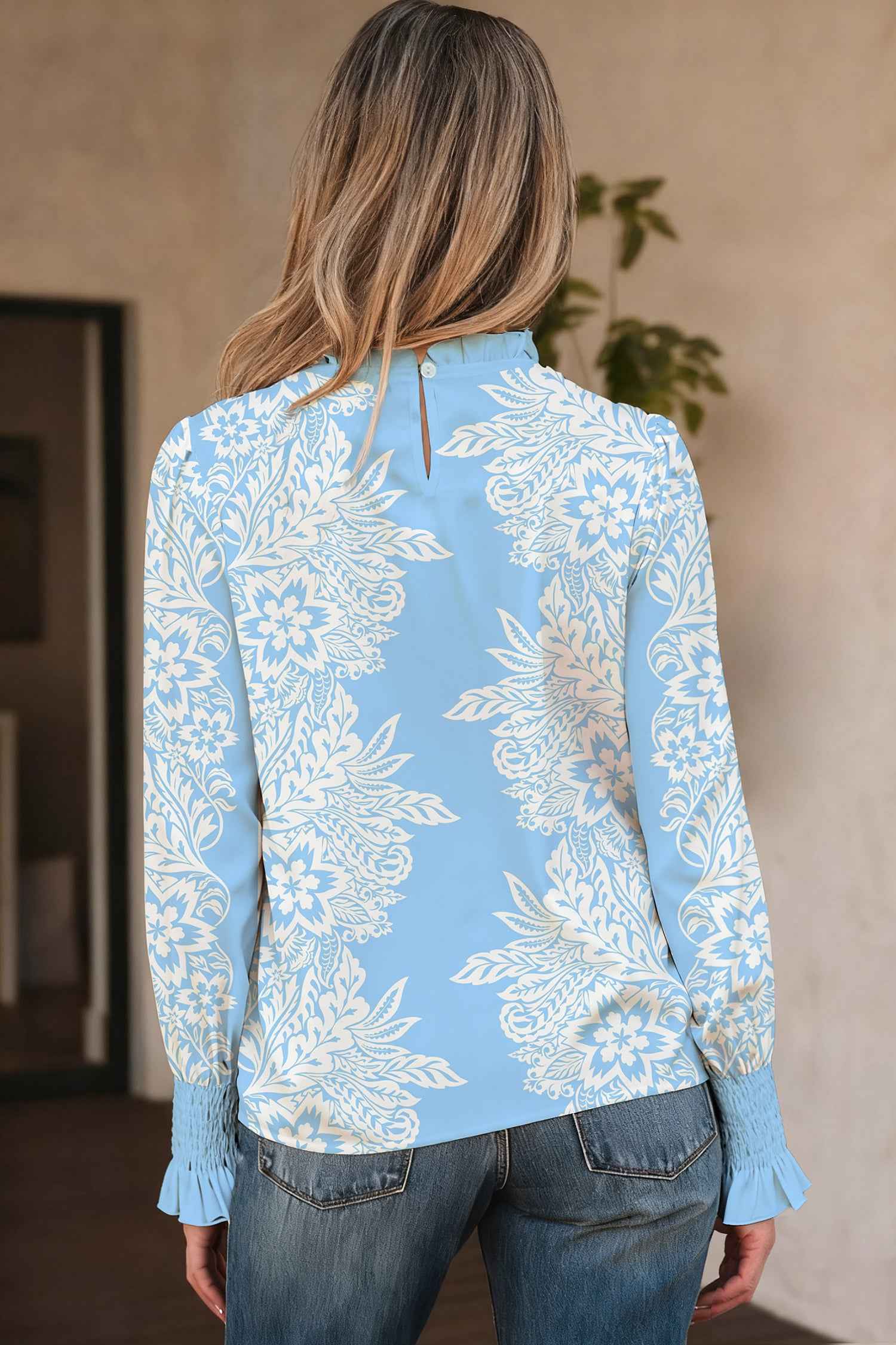 Sky Blue Ruffled Collar Puff Sleeve Flower Blouse 3ca39ae99ff321f4