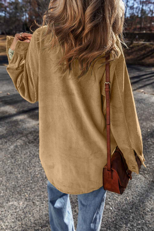 Light French Beige Patched Pocket Button-Up Corduroy Shacket 3ca54a264016dad3