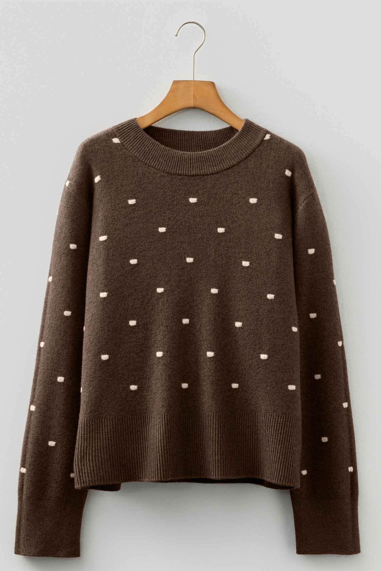 Coffee Dotted Print Ribbed Edge Knit Sweater 3caa6be6f063bbb9