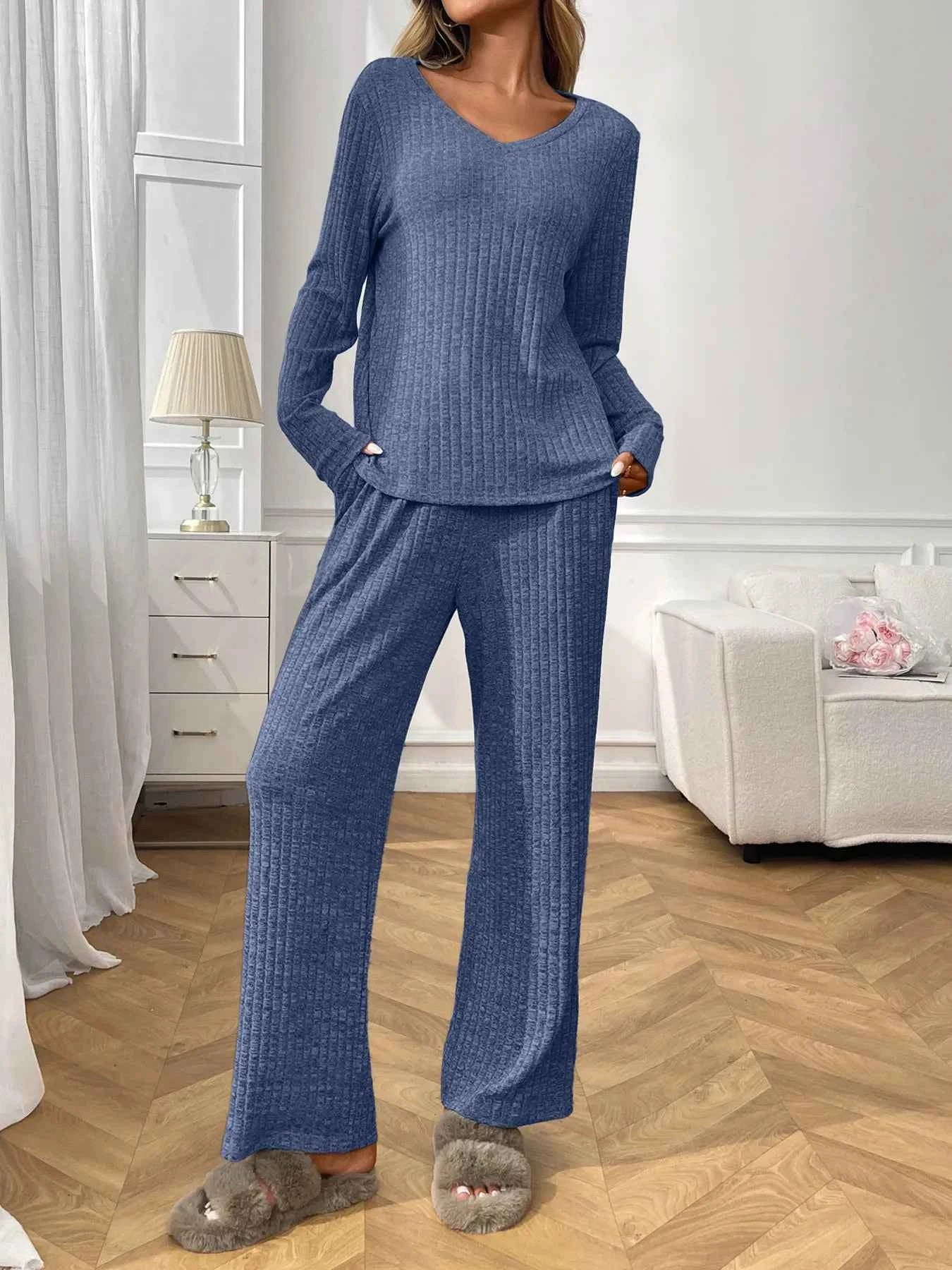 Ribbed Long Sleeve Top and Pants Lounge Set Blue 3cac4e29dd4e4c9a8054e7e773ed0024-Max-Origin