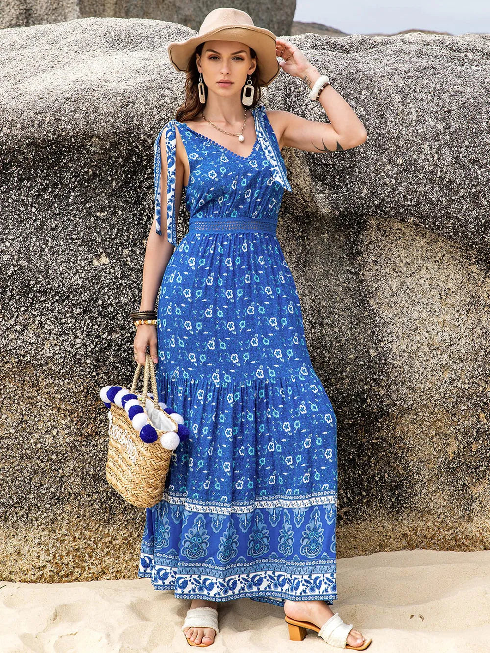 Printed V-Neck Tie Shoulder Dress 3caf64f6-9476-4dc7-a87e-30c67f7409db-Max