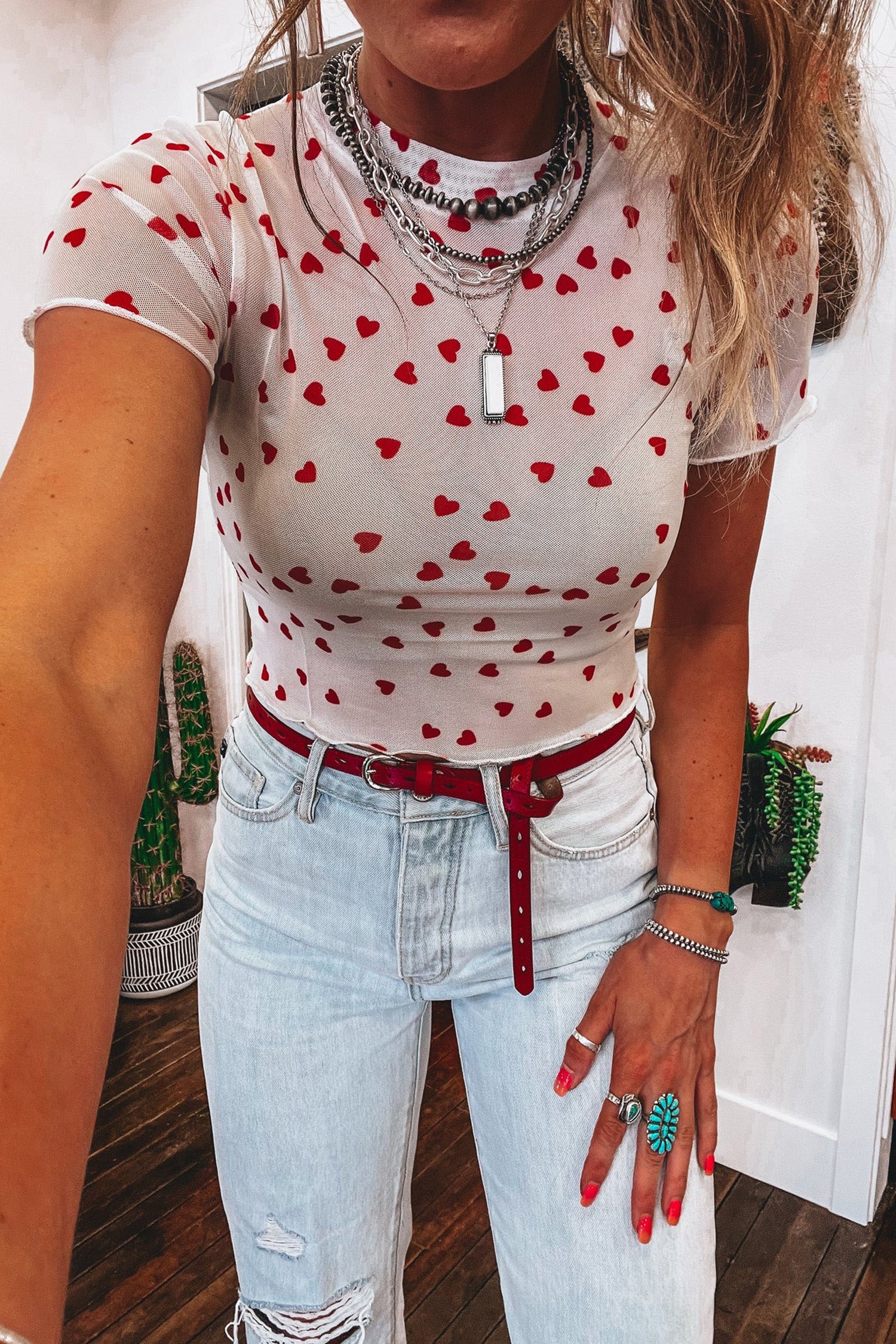 Racing Red Allover Heart Print Mesh Short Sleeve Top 3cb0c4454d01912a