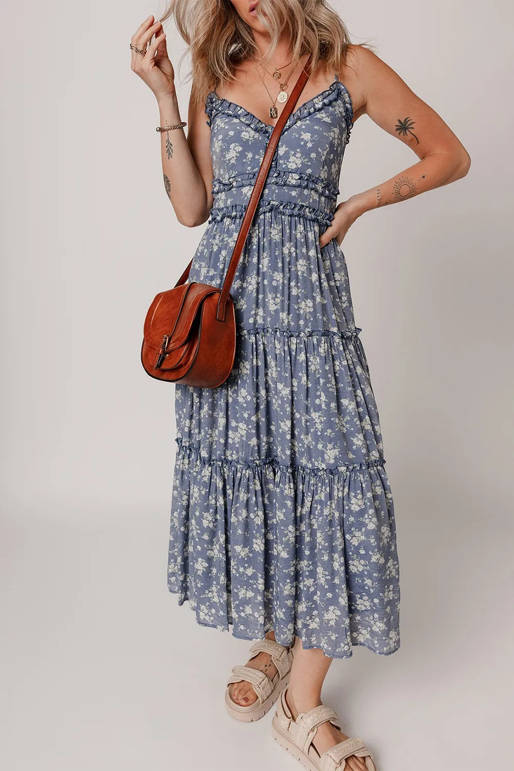 Floral Spaghetti Strap Frilled V Neck Tiered Midi Dress 3cb191a3-e4c2-4684-8718-02e57fdc5612-Max