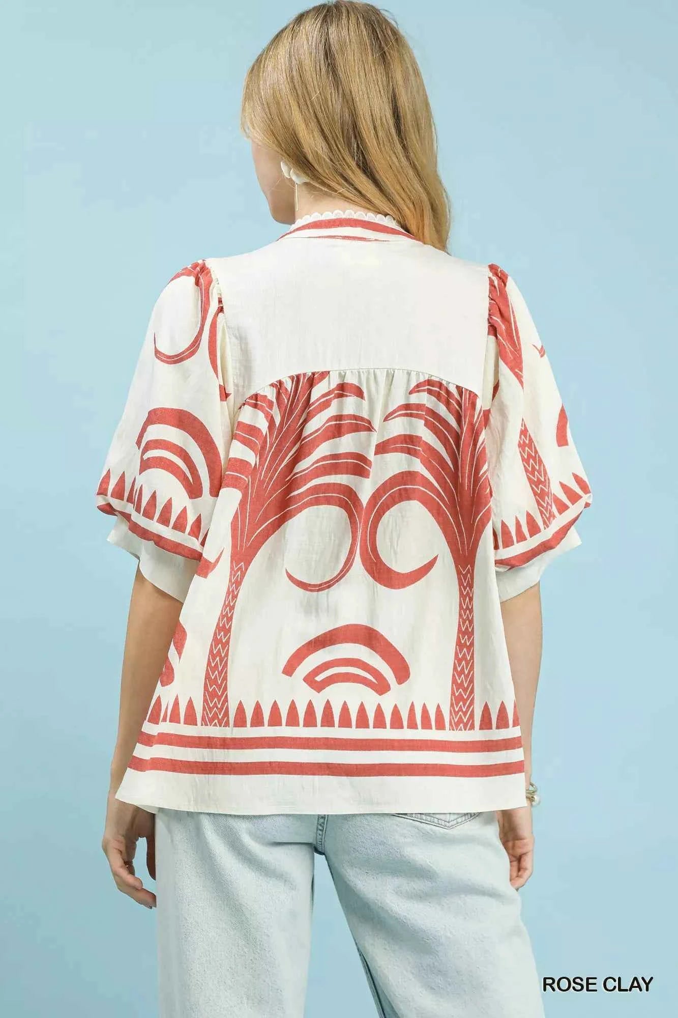 Umgee Folk Art Palm Print Puff Sleeve Blouse