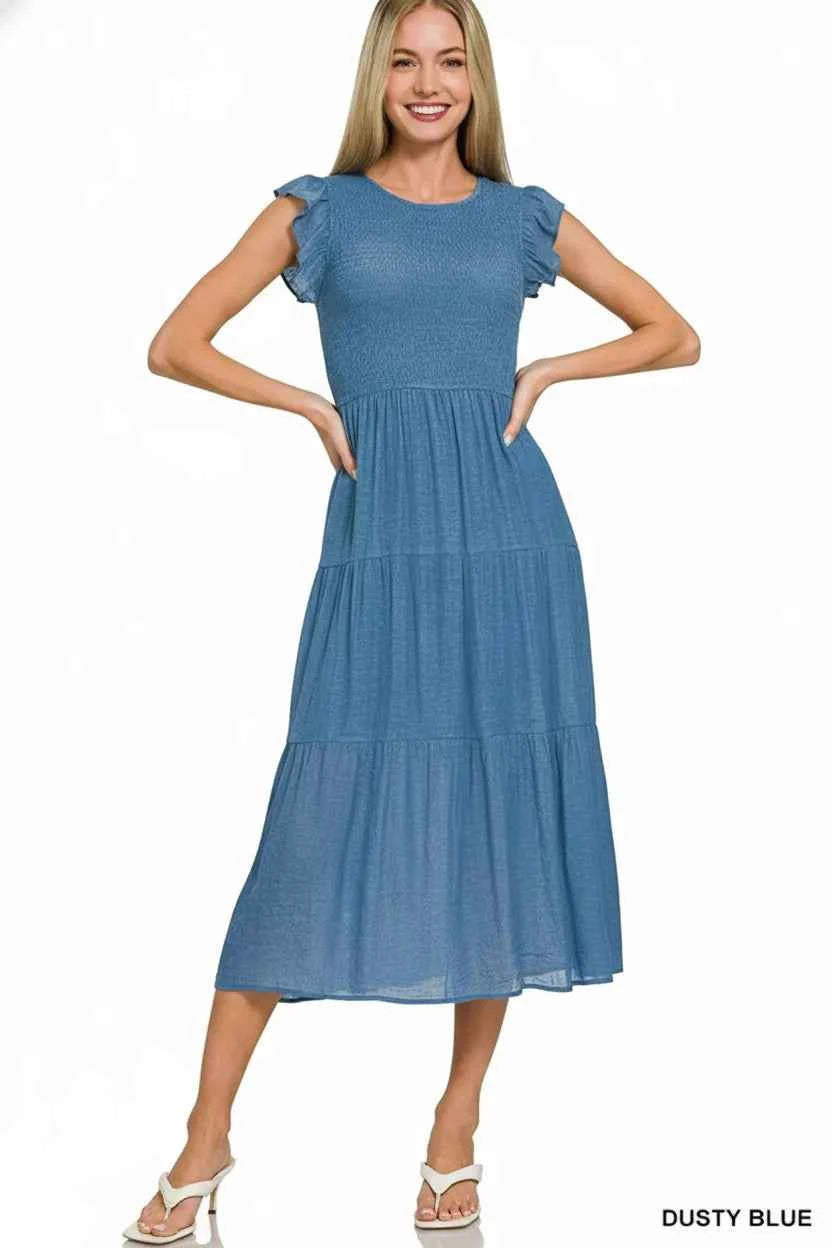 Zenana Woven Smocked Ruffle Sleeve Midi Dress 3cbe5523-128a-4a0b-bfb8-706e59f02d5c-Max-Origin