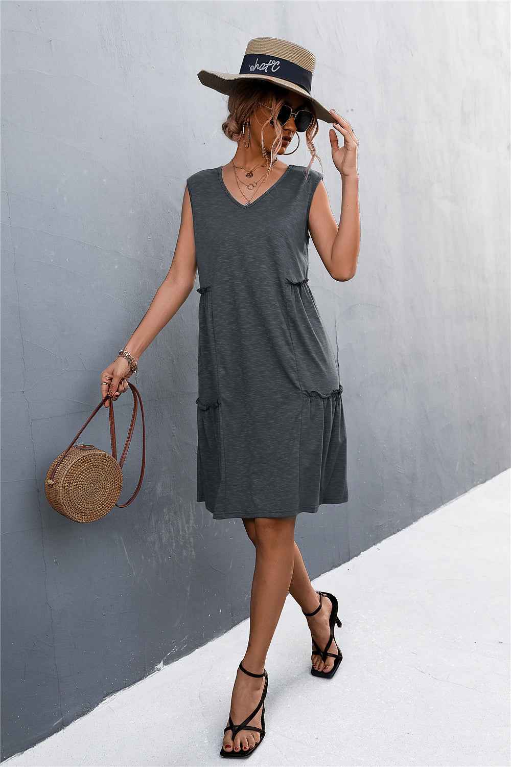 V-Neck Frill Trim Sleeveless Dress 3cc6d4b68e2e4cec80e56af8e2cfc741-Max