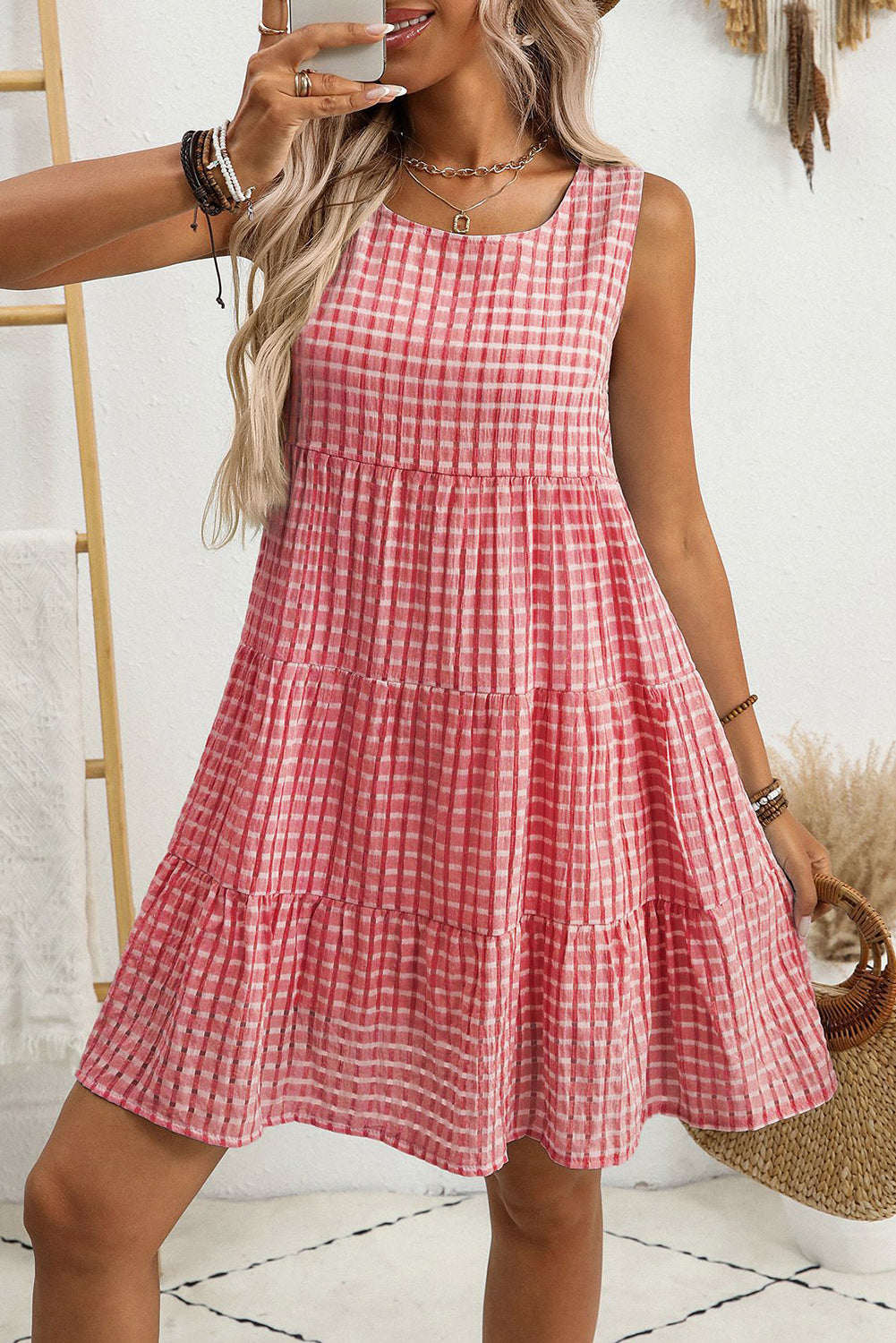 White Gingham High Waist Sleeveless Mini Dress 3ccbcc23e5c6f0fe