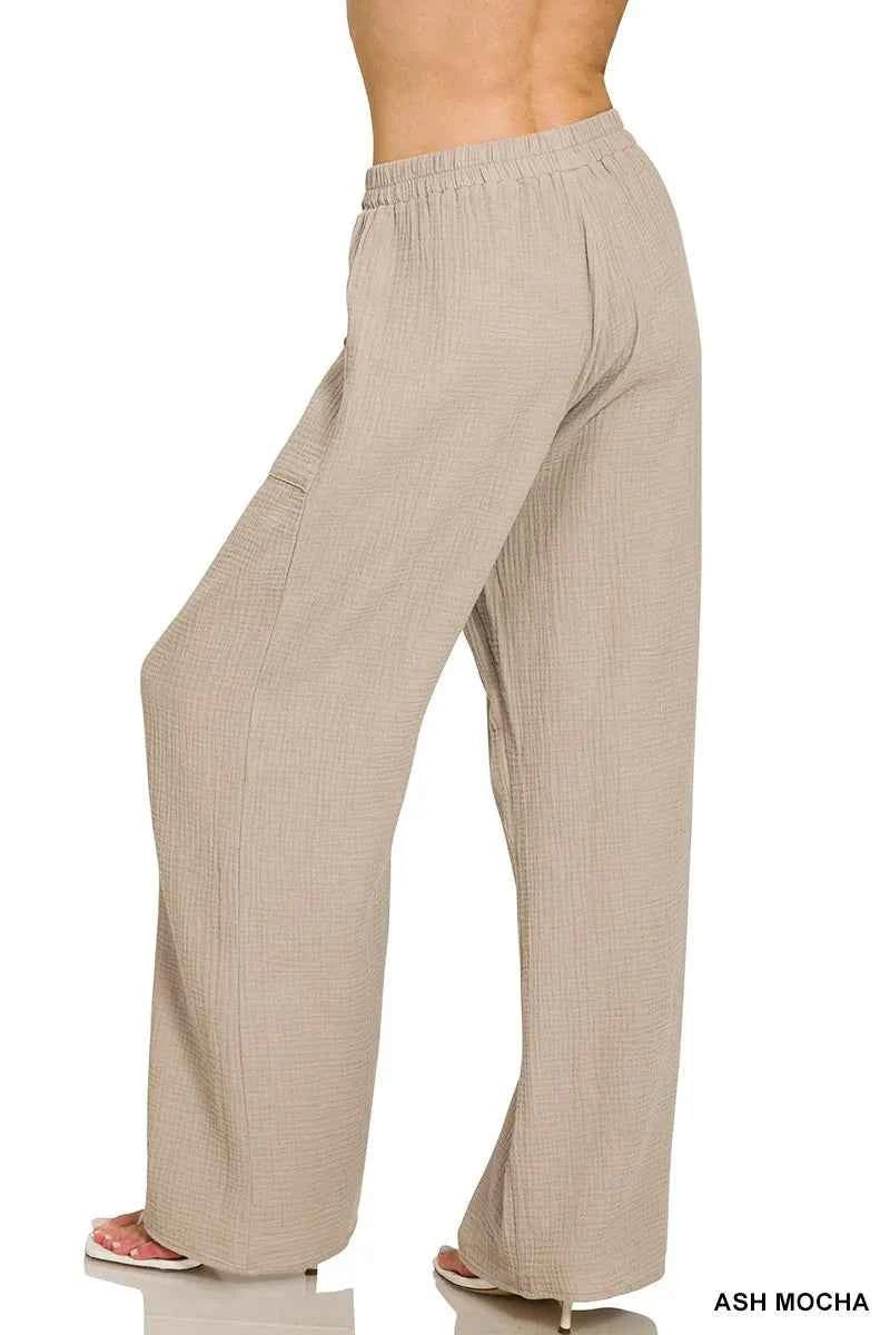 Zenana Double Gauze Elastic Band Pants 3ce68fd70d0a41ef931ac3e062a46f1d-Max-Origin