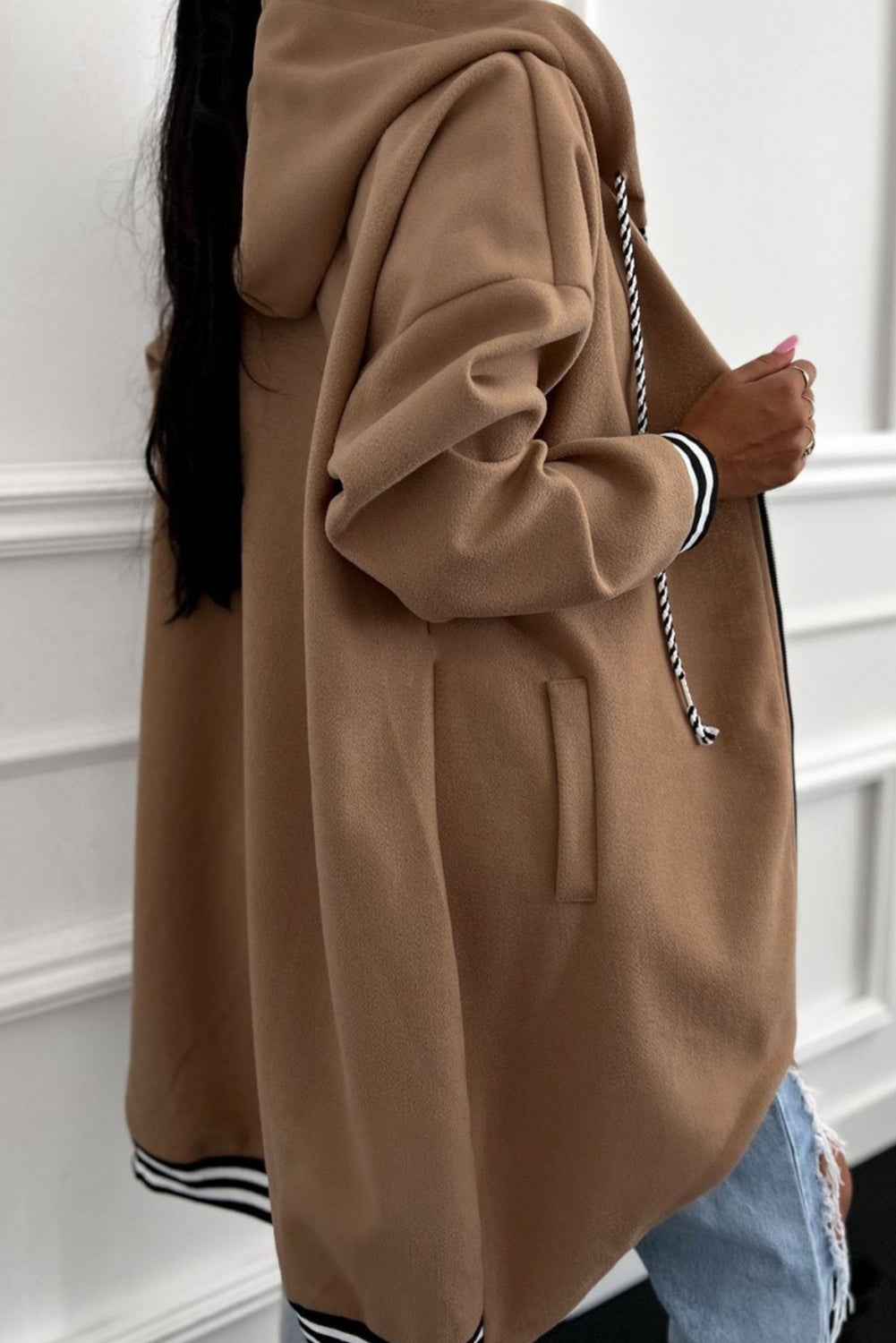 Dark Khaki Contrast Cuffed Drop Shoulder Zip up Tunic Hoodie 3cf103d461d4e97a