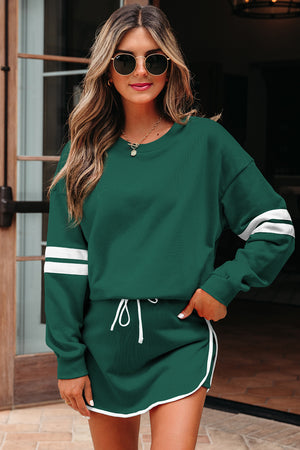 Evergreen Varsity Stripe Detail Drop Shoulder Pullover Mini Skort Set Evergreen 65%Polyester+35%Cotton 3cf4673953857aed