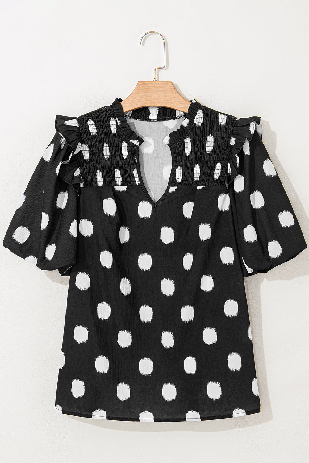 Rose Polka Dot Print Shirred Notched Neck Puff Sleeve Blouse 3d003cf00bca8f75