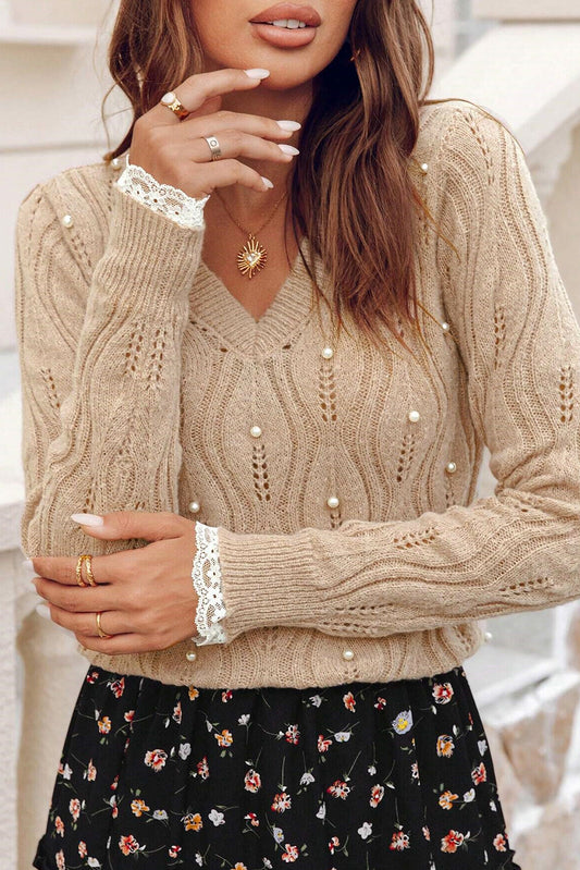 Smoke Gray Pearl Beaded Embellished Lace Applique Pointelle Knit Sweater Smoke Gray 65%Acrylic+35%Polyamide 3d072fd609cc2e12
