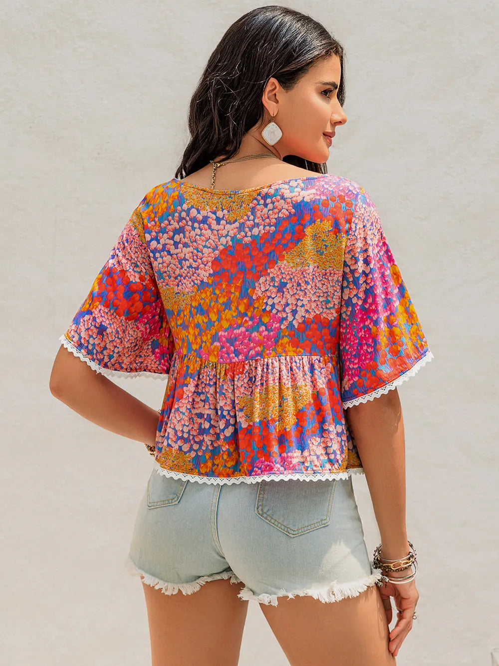 Ruched Printed Half Sleeve Blouse 3d0cdfab-5dbe-4320-bb30-1276042ee253-Max