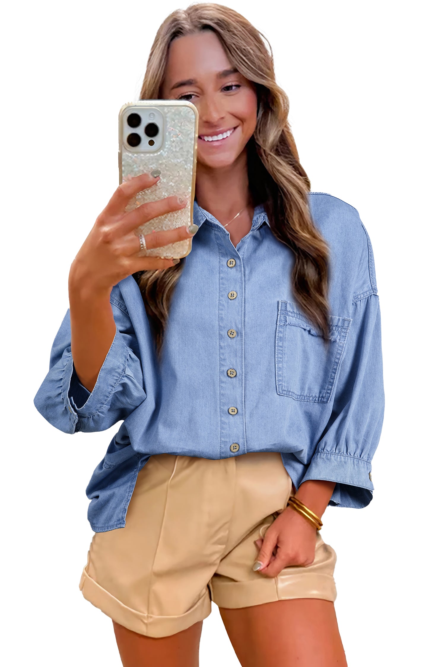Myosotis Washed Drop Shoulder Bracelet Sleeve Chambray Shirt 3d0d9f83a2938a69