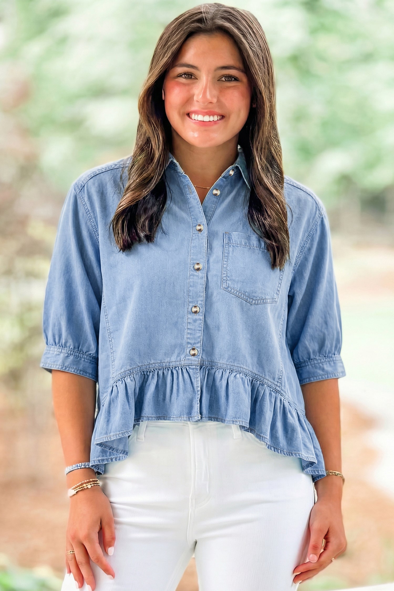 Beau Blue Half Sleeve Button Down Ruffled High Low Chambray Shirt 3d101fd63278ac41
