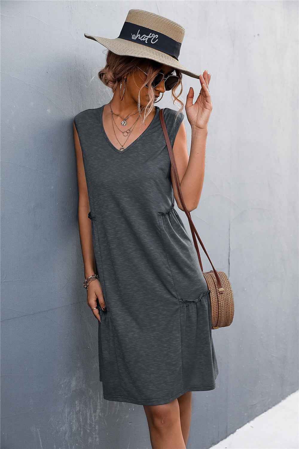 V-Neck Frill Trim Sleeveless Dress Gray 3d10760f06d441b3904442b60d6c6f16-Max