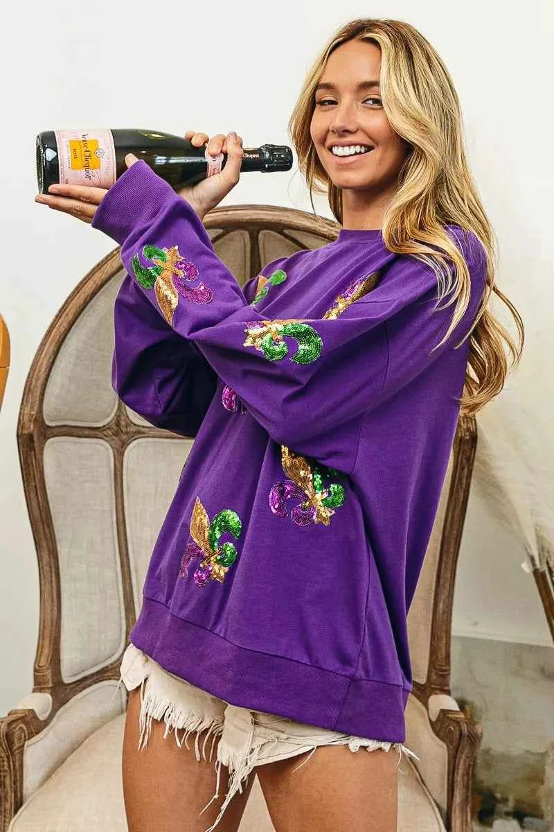 BiBi Fleur De Lis Sequin Patches Mardi Gras Sweatshirt 3d13529987284c52a49161f7d3b9068e-Max-Origin